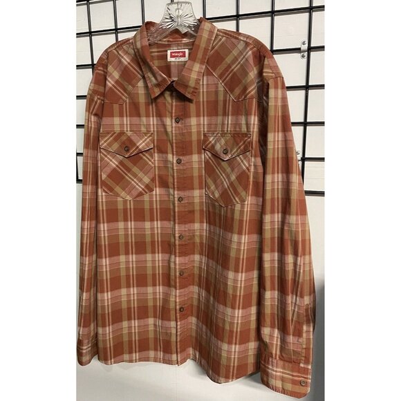 Wrangler Button Up Shirt Men's Size 2X Orange Plaid Shirt Cotton Polyester Blend - Picture 3 of 9
